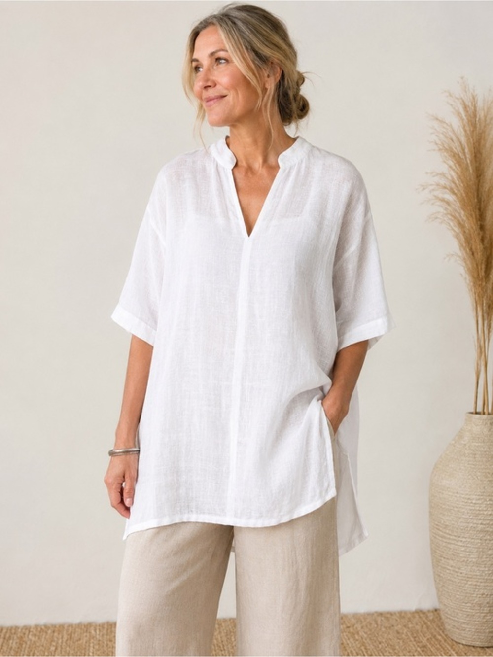 Eileen Fisher White Sheer Linen/Blend Tunic Top Oversized Split Hem Coverup Swim